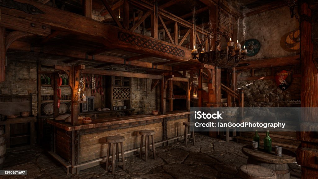 The bar in an old medieval inn or tavern with decorative shields on the wall and staircase in the background. 3D rendering. The bar in an old medieval inn or tavern with decorative shields on the wall and staircase in the background. 3D illustration. Fantasy Stock Photo
