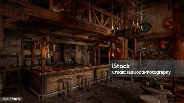 The Bar In An Old Medieval Inn Or Tavern With Decorative Shields On The Wall And Staircase In The Background 3d Rendering Stock Photo - Download Image Now