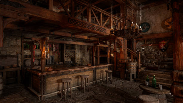 the bar in an old medieval inn or tavern with decorative shields on the wall and staircase in the background. 3d rendering. - estalagem imagens e fotografias de stock