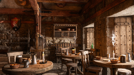 Dining tables in an old medieval fantasy tavern lit by daylight from windows. 3D illustration.