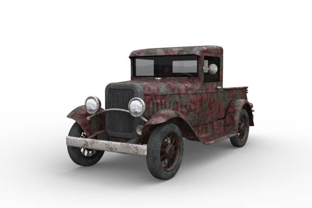 istock Rusty old vintage pickup truck with peeling red paintwork. 3D rendering isolated on white background. 1390674806