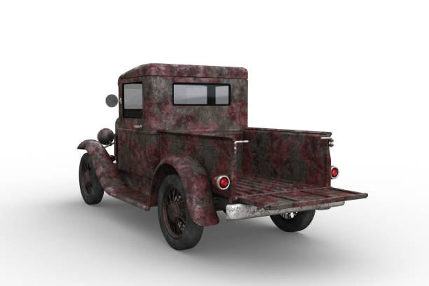 istock Rear view of rusty old vintage pickup truck with tailgate down. 3D rendering isolated on white background. 1390674808