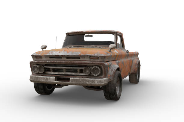 Rusty retro style orange pickup truck. 3D illustration isolated on white background. Rusty retro style orange pickup truck. 3D rendering isolated on white background. old truck stock pictures, royalty-free photos & images