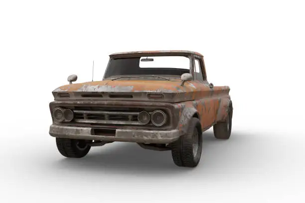 Photo of Rusty retro style orange pickup truck. 3D illustration isolated on white background.