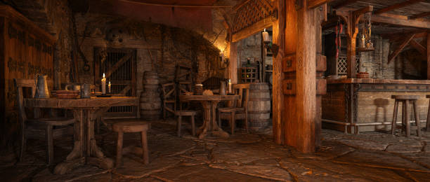 istock Wide panoramic view of fantasy medieval tavern inn interior. 3D rendering. 1390674860