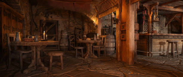 Wide panoramic view of fantasy medieval tavern inn interior. 3D rendering. stock photo