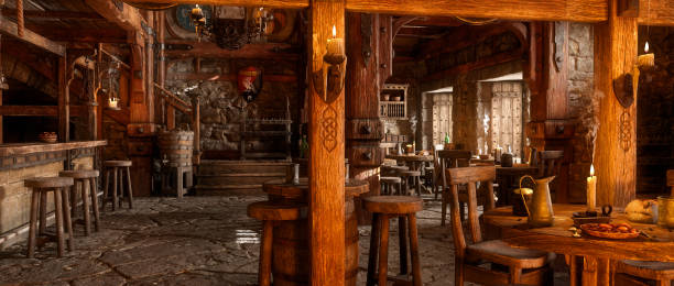 istock Panoramic view of medieval fantasy tavern interior. 3D rendering. 1390674913