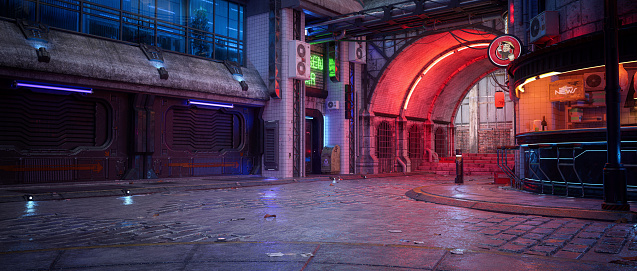 Cyberpunk concept panoramic 3D illustration of a dark seedy futuristic city street at night with fast food bar on the corner.