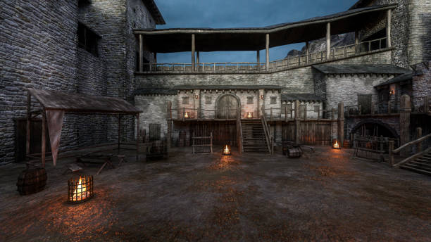 istock Medieval castle courtyard with wet muddy ground and grey clouds in the sky. 3D illustration. 1390675029