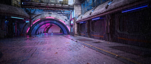 Cinematic panorama view of a dark futuristic cyberpunk city downtown street in the rain. 3D rendering. stock photo