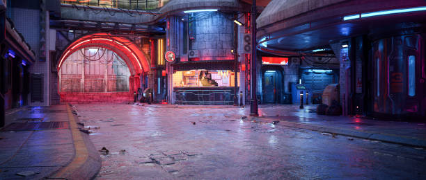 Panoramic cyberpunk concept 3D illustration of a futuristic street in a seedy downtown urban area. stock photo