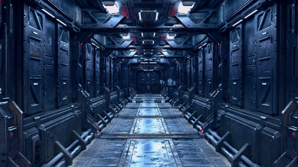 istock Futuristic corridor in a sci-fi  fantasy space ship or station. 3D illustration. 1390675588