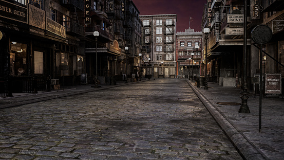 Old 1920s film noir style city street in the evening. 3D illustration.