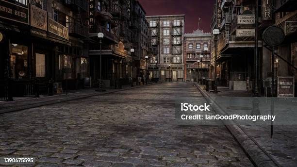Old 1920s Film Noir Style City Street In The Evening 3d Rendering Stock Photo - Download Image Now