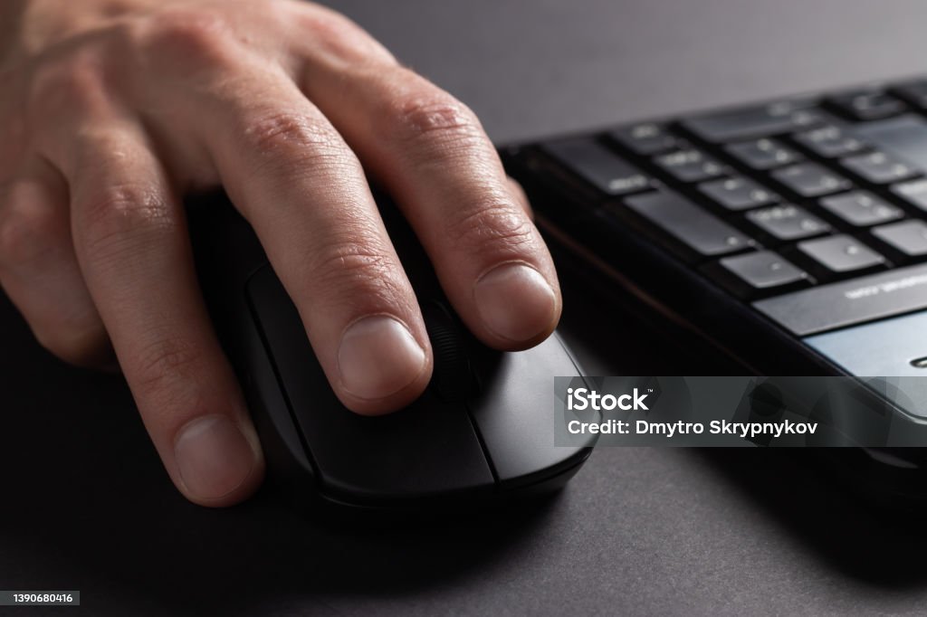 Computer Clicker Hand Hand Using Computer Mouse Clicking Pointer Pc Peripheral Close Up Stock ...