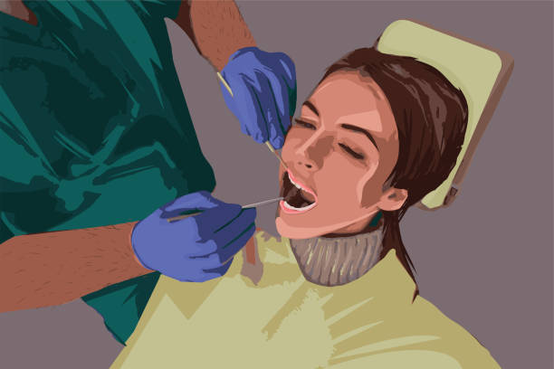 ilustraciones, imágenes clip art, dibujos animados e iconos de stock de dentista irreconocible que examina la boca de la paciente femenina, durante el control mensual - dentist dentist office dentists chair cartoon