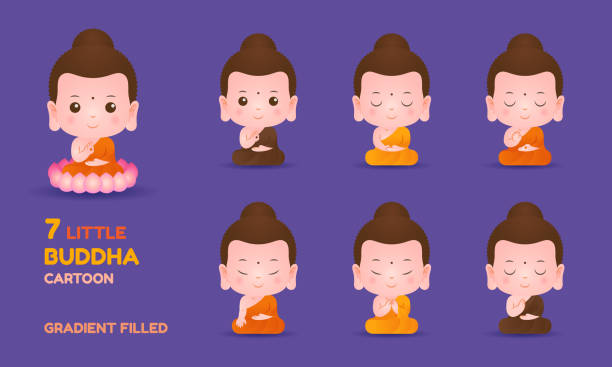 little buddha cartoon vector set Little buddha cartoon character meditation gradient filled vector set illustration buddha face stock illustrations