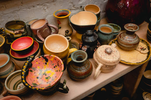 istock Hand made ceramic tableware, Collection of colorful clay pottery ceramics. 1390683623