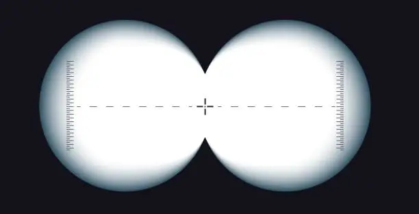 Vector illustration of Binoculars viewfinder template. Realistic 3d illustration of transparent gradient lens. Vector card of view binoculars with soft blurry edges and transparency fields with measuring scale in the center