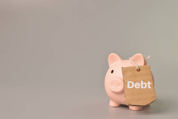 istock Piggy bank and label tag written with DEBT. 1390685564
