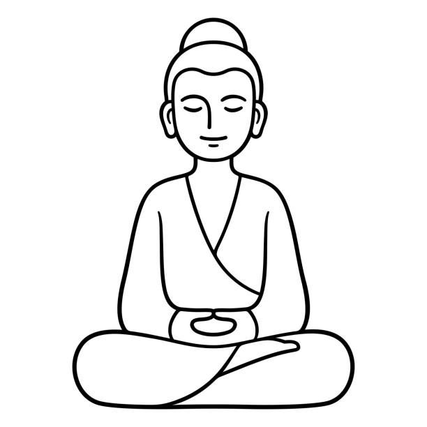 Simple sitting Buddha statue drawing Simple and minimal Buddha statue sitting in meditation, Zen Buddhist tradition. Black and white line art drawing, isolated vector illustration. chan buddhism stock illustrations