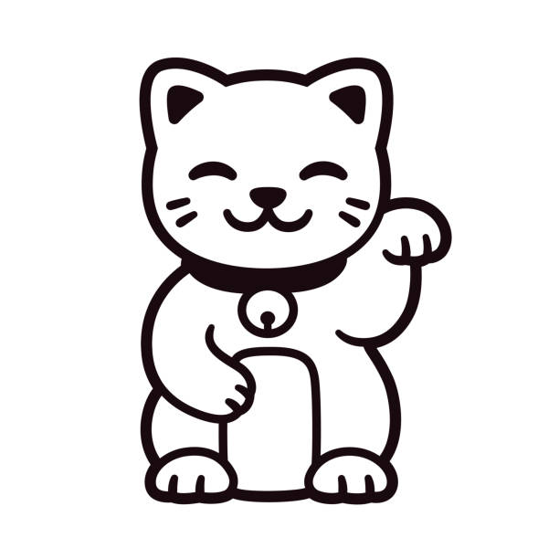 Cute Maneki Neko cat logo Cute cartoon Maneki Neko, Japanese lucky cat. Black and white logo or icon. Vector line art illustration. simple cat line art stock illustrations