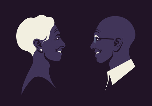 The elderly lovers in the profile. The happy African couple. Love and dating. Family relationship. Vector flat illustration