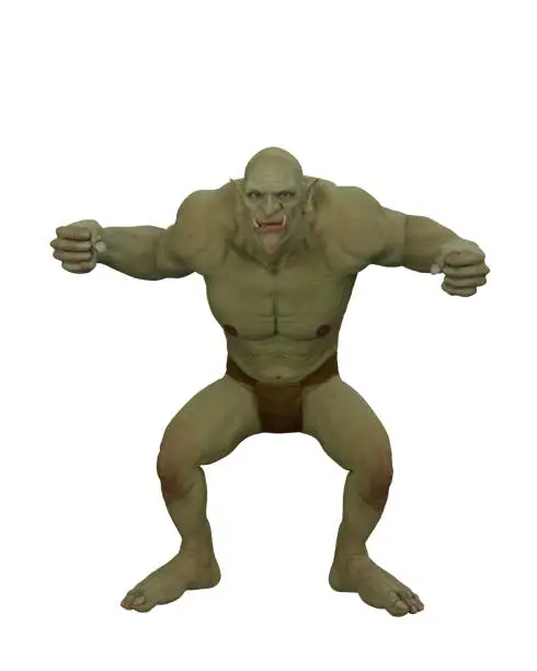 Giant ogre fantasy character standing in aggressive pose. 3D rendering isolated on white background with clipping path.
