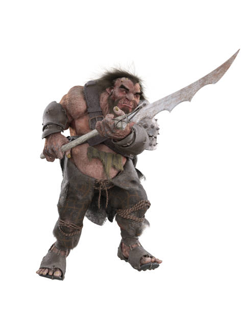 Fantasy Norse giant holding a glaive weapon. 3D rendering isolated on white background with clipping path.