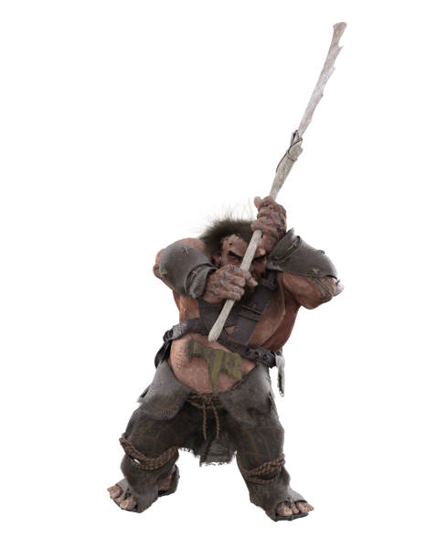 istock Huge fantasy giant character attacking with a large glaive weapon. 3D rendering isolated on white background with clipping path. 1390686491