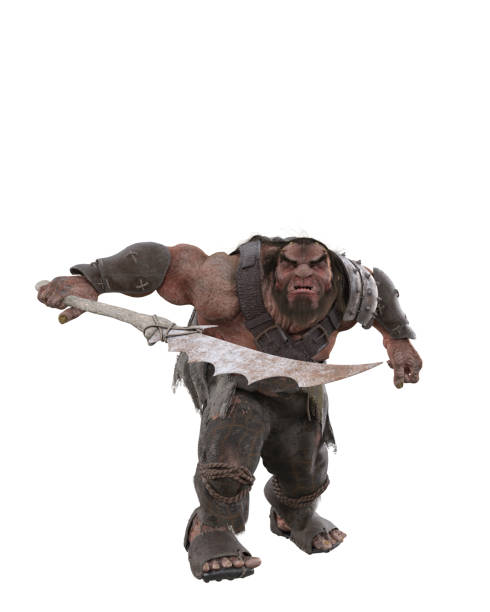 istock Fantasy giant in aggressive pose with large glieve weapon. 3D rendering isolated on white background with clipping path. 1390686495