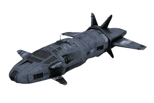 istock Large futuristic grey space craft in flight. 3D illustration isolated on white background with clipping path. 1390686510