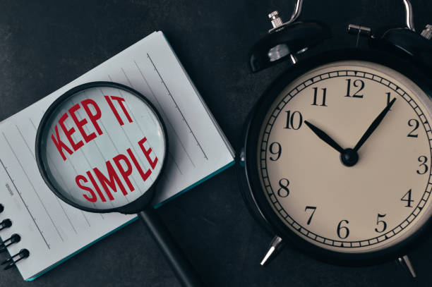 istock Top view of alarm clock, magnifying glass and notebook written with text KEEP IT SIMPLE. 1390689532