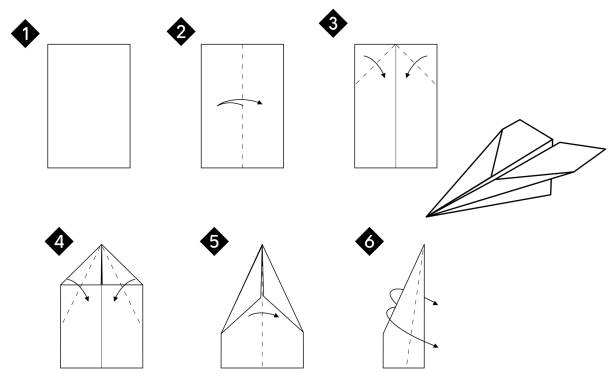 Instructions how to make origami airplane Instructions how to make origami airplane. Black and white colors. Vector step by step tutorial monochrome illustration. origami stock illustrations
