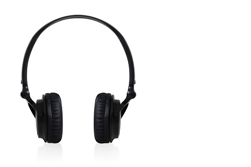 black plastic headphones on white background, object, decor, fashion, modern, copy space