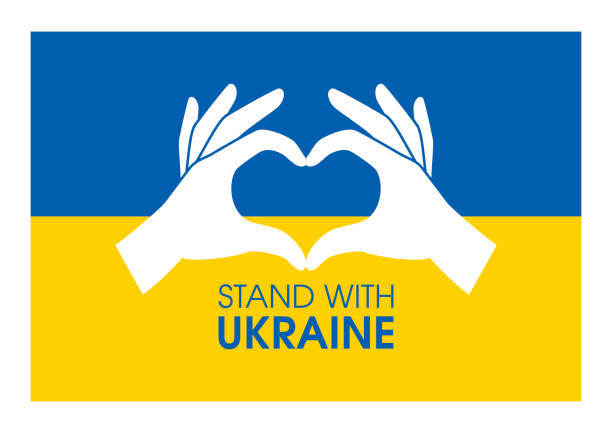 Stand with Ukraine with hand heart shape icon vector Hand heart love gesture with ukrainian flag icon vector isolated on a white background. Flag of Ukraine and love hands design element ukraine war stock illustrations