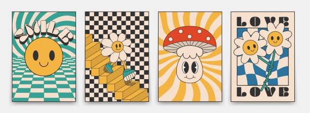 Collection of bright groovy posters 70s. Retro poster with psychedelic flowers and mushrooms, vintage prints with grunge texture Collection of bright groovy posters 70s. Retro poster with psychedelic flowers and mushrooms, vintage prints with grunge texture cool attitude stock illustrations