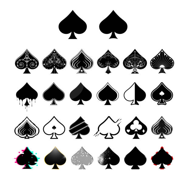 illustrazioni stock, clip art, cartoni animati e icone di tendenza di grande set di vanghe nere si adatta a carte da gioco di diversi disegni per il gioco d'azzardo. ottimo design per poker e casinò di spades suits. - asso