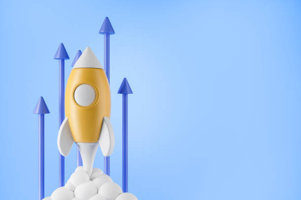 istock Rocket rising to the sky, growing arrows. Development and business idea. Mockup 1390696930