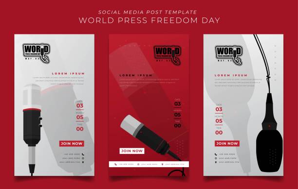 Set of social media post template in red and white portrait with microphone design Set of social media post template in red and white portrait with microphone for press freedom design free report cover templates backgrounds stock illustrations