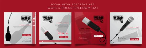 Set of social media template with microphone for world press freedom day in white red design Set of social media template with microphone for world press freedom day in white red background free report cover templates backgrounds stock illustrations