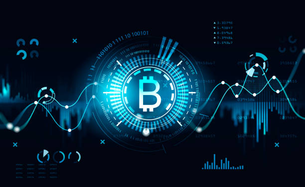 istock Stock market with cryptocurrency data and rising lines, internet banking 1390697116