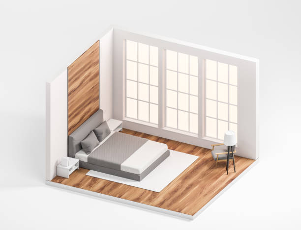 istock Isometric bedroom interior with bed on carpet, panoramic window 1390697946