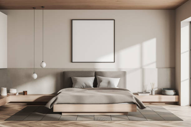istock Light bedroom interior with bed on carpet, decoration. Mockup frame 1390698146