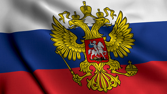 Russian Satin Flag With Coat of Arms of Russia. Waving Fabric Texture of the Flag of Russia, Real Texture Flag Kremlin Presidential Coat of Arms of Russia. Russian Eagle.