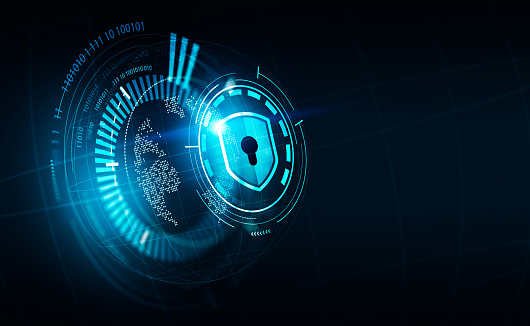 Padlock icon and earth hologram. Cyberattack and data privacy, cybersecurity with protection. Concept of safety and technology. 3D rendering