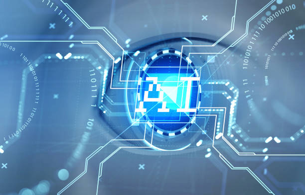 istock Machine eye and AI icon and binary with circuit, digital hologram 1390699494