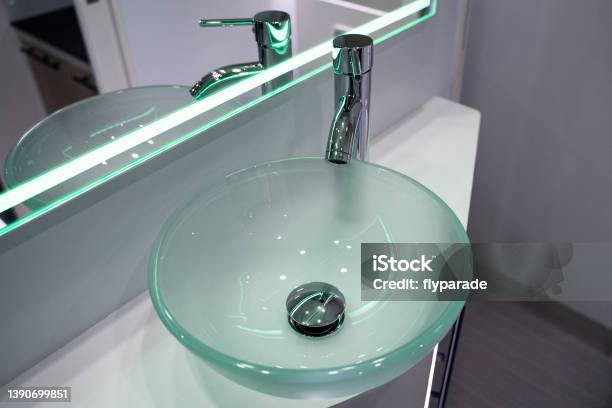 Small Bathroom Glass Sink Inside Luxury Rv Camper Trailer Stock Photo - Download Image Now