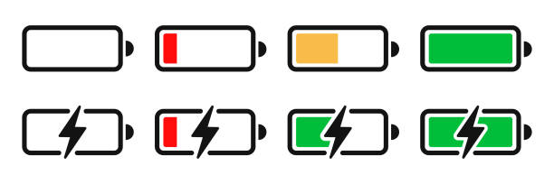 Battery charging phone set icon. Vector illustration in flat design Battery charging phone set icon. Vector illustration in flat design low stock illustrations
