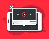 istock Video media player on smartphone. Mobile phone watching video. Vector illustration 1390702129
